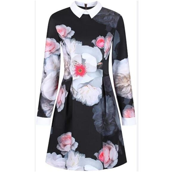 Ted Baker Kaleesa Chelsea Flower Collared Dress Size 0 Long Sleeves Zip Closure - Picture 1 of 10